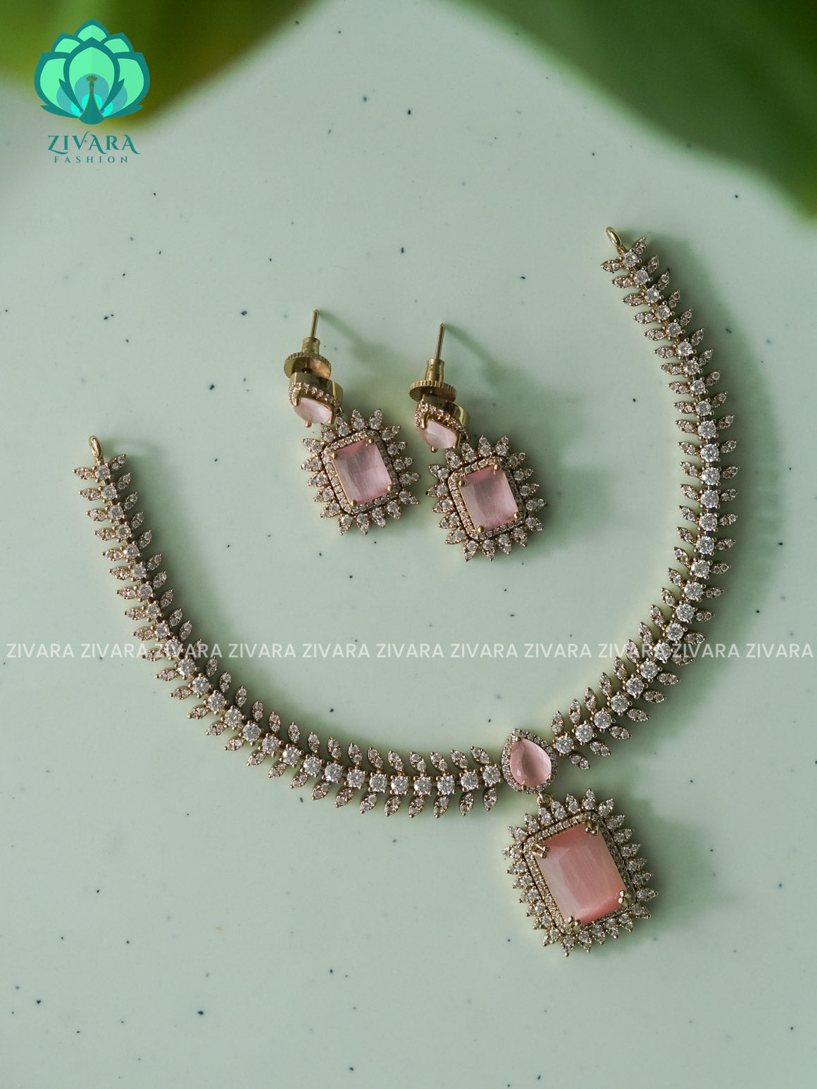 PINK square stone diamond replica- FLEXIBLE CHAIN WITH HANGING -Traditional south indian premium neckwear with earrings- Zivara Fashion- latest jewellery design