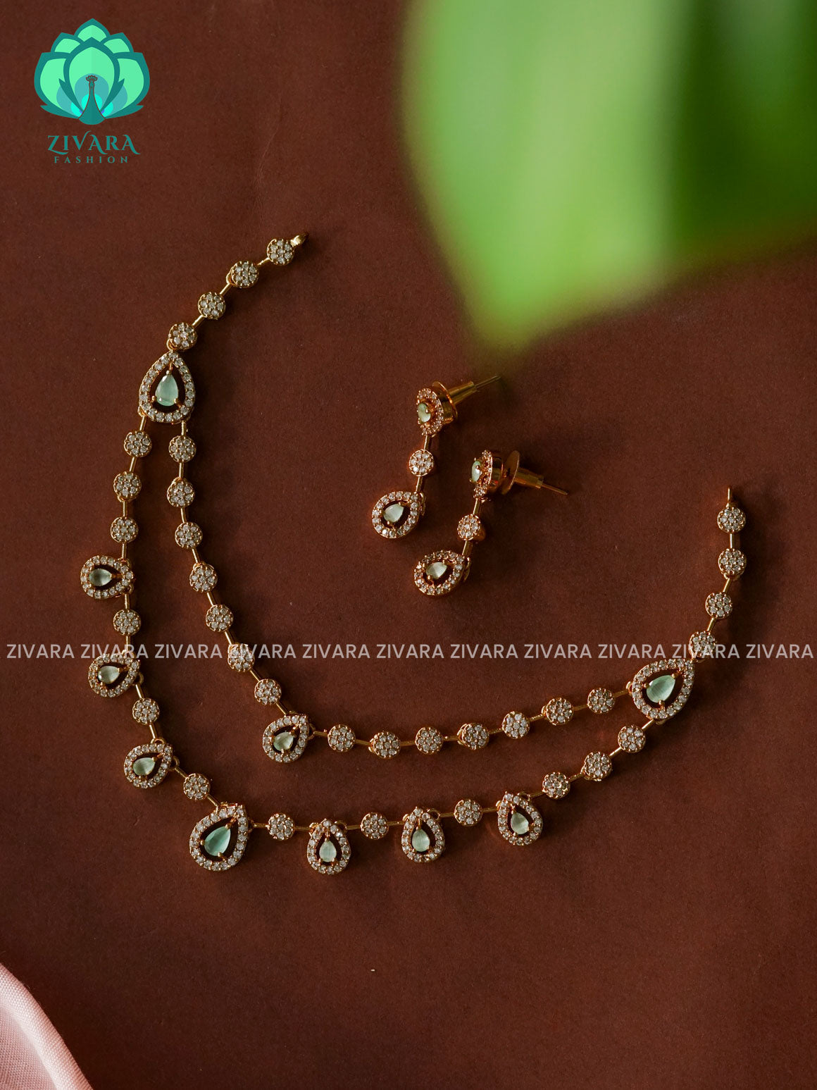 PASTEL GREEN STEP STONE- stylish and minimal elegant neckwear with earrings- Zivara Fashion