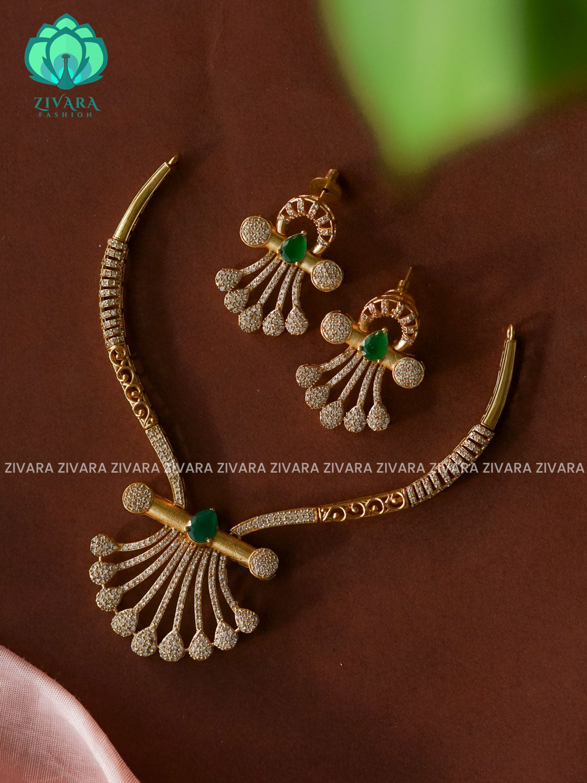 GREEN FAN HASLI - premium matte NECKWEAR  with earrings-latest south indian jewellery