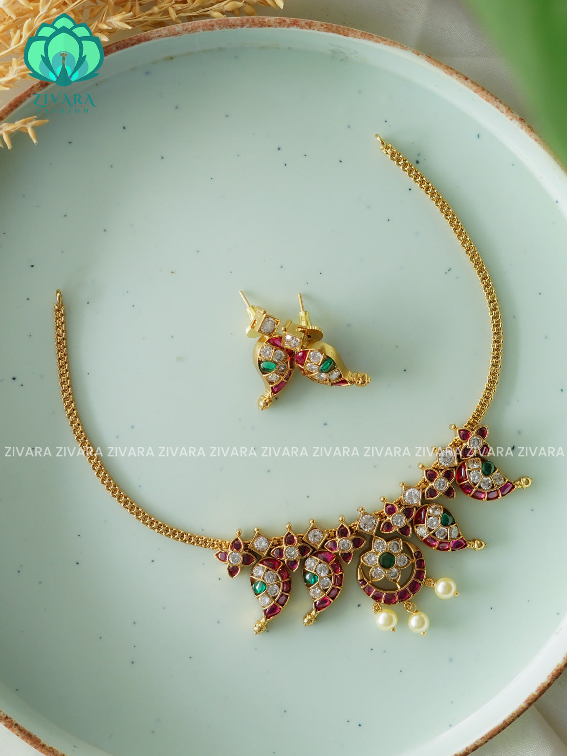REAL KEMP MANGO NECKLACE FLEXIBLE CHAIN WITH HANGINGS -Traditional south indian premium neckwear with earrings- Zivara Fashion- latest jewellery design