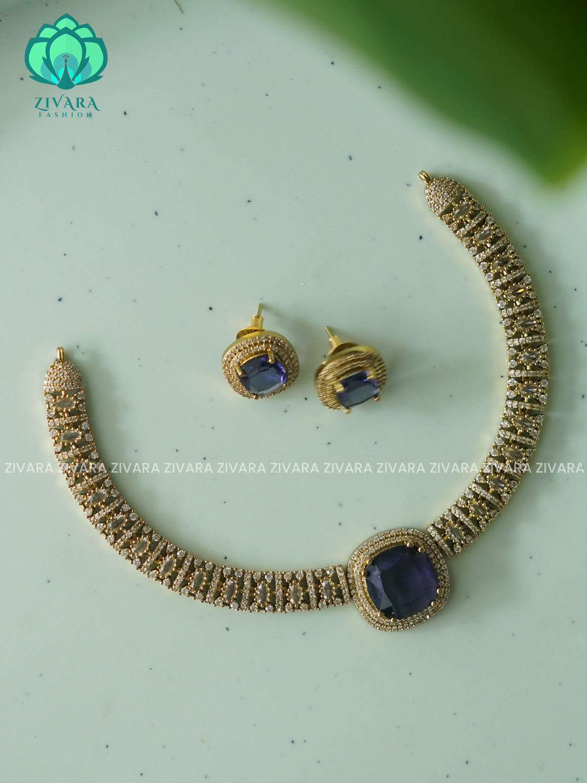 Purple - SQUARE STONE ELEGANT HASLI - PREMIUM SUBTLE GOLD FINISH stylish and minimal elegant neckwear with earrings- Zivara Fashion