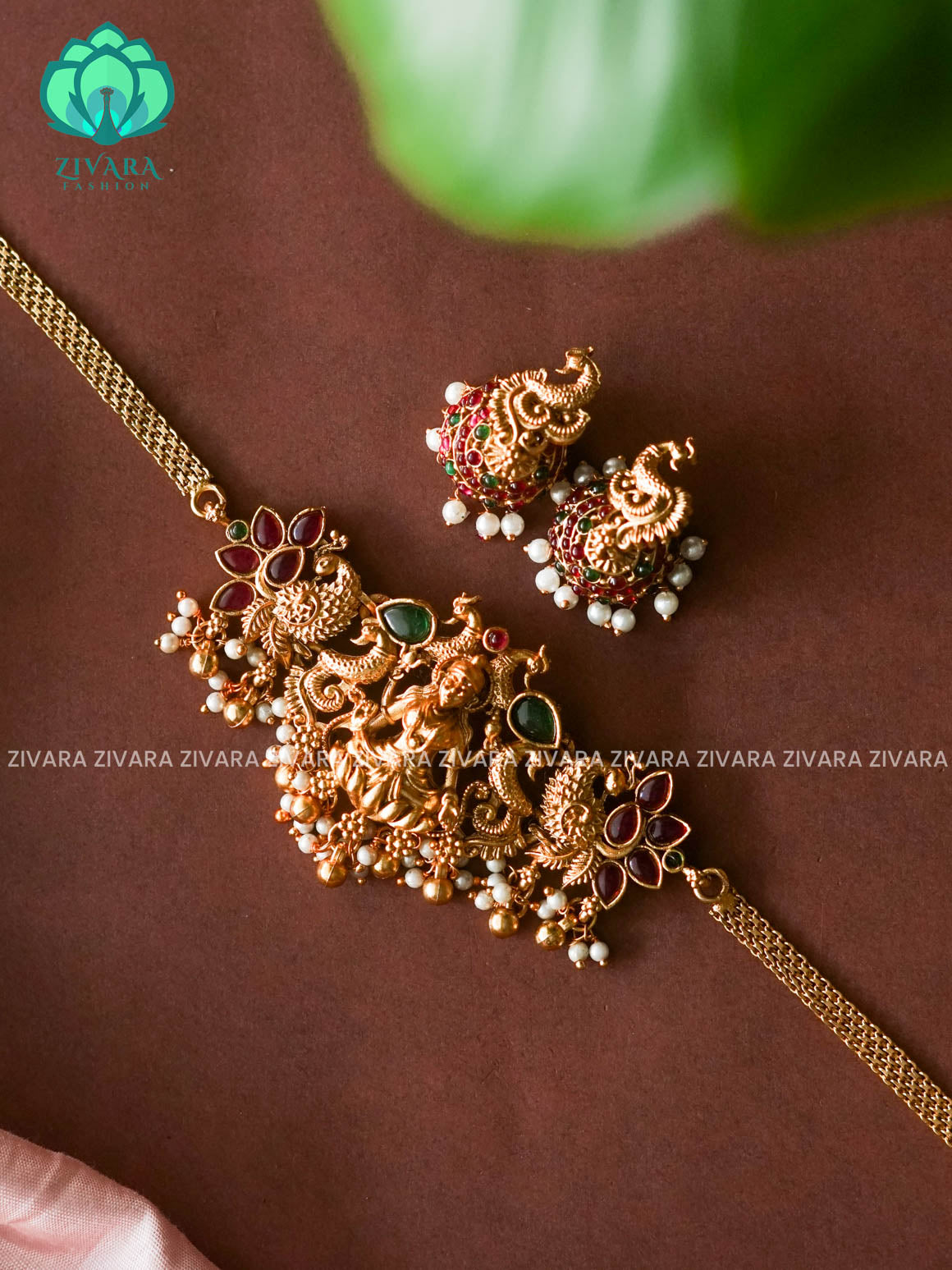 Ruby and green - Trending TEMPLE BIG choker with earrings-latest south indian jewellery