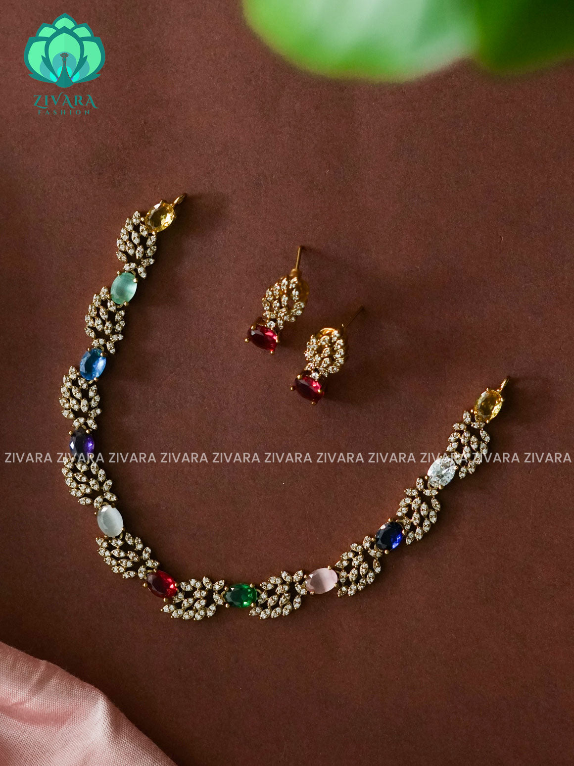 MULTICOLOUR - LEAF CLUSTER  SUBTLE GOLD FINISH  - stylish and minimal elegant neckwear with earrings- Zivara FashioN
