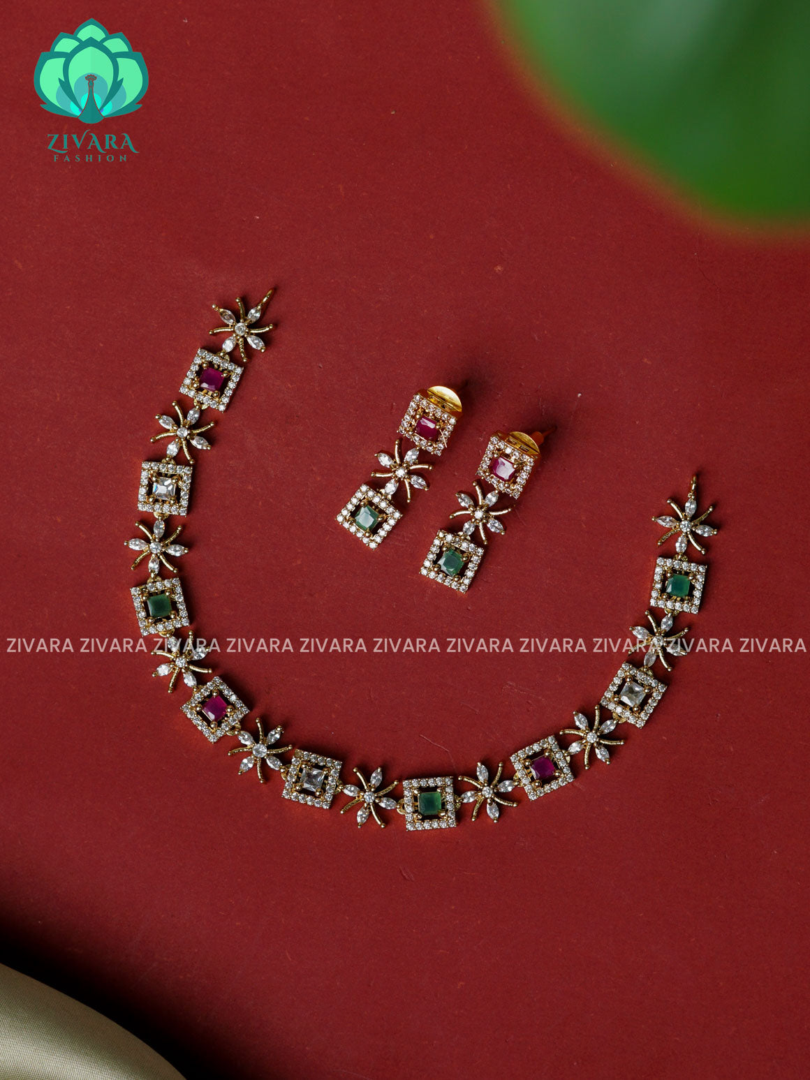 RUBY AND GREEN - SMALL SIZE BOX FLORAL- MINIMAL ELEGANT NNECKWEAR - Zivara Fashion- latest jewellery design.