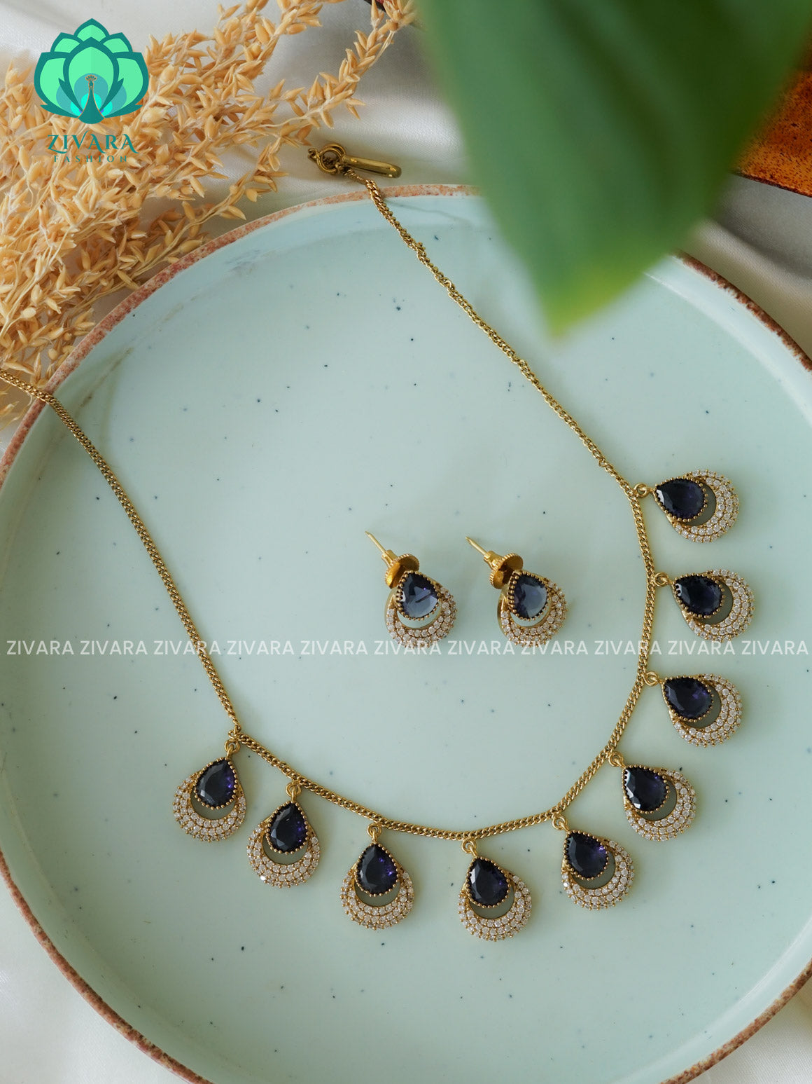 PURPLE- FLEXIBLE CHAIN WITH HANGING TEAR -Traditional south indian premium neckwear with earrings- Zivara Fashion- latest jewellery design