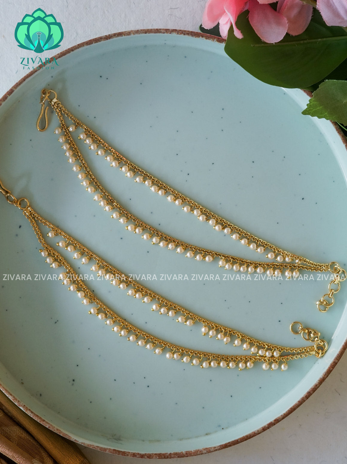 Two  layer PEARL  premium finish bridal earchain maatal- south indian kemp bridal accessory