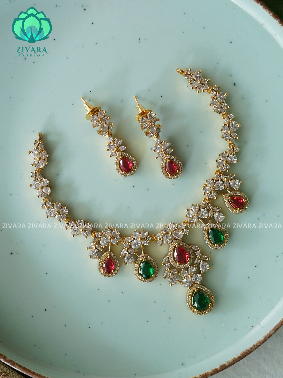 RUBY GREEN - stylish and minimal elegant neckwear with earrings- Zivara Fashion