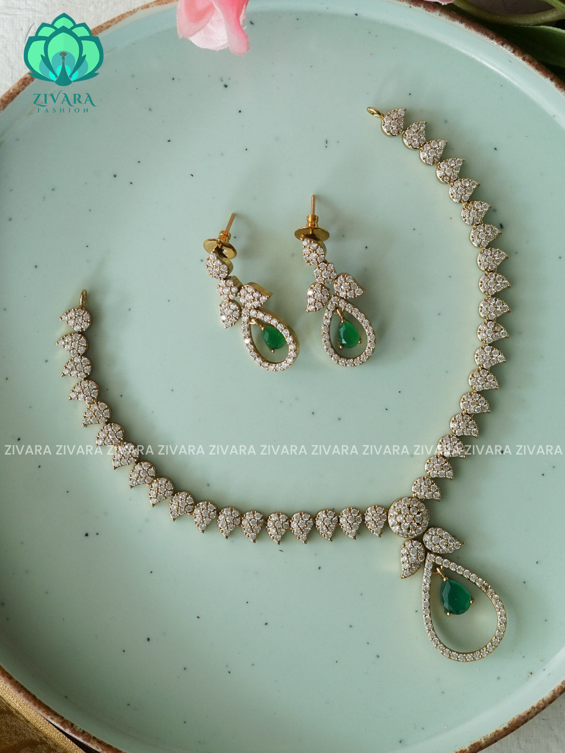 GREEN  - stylish and minimal elegant neckwear with earrings- Zivara Fashion
