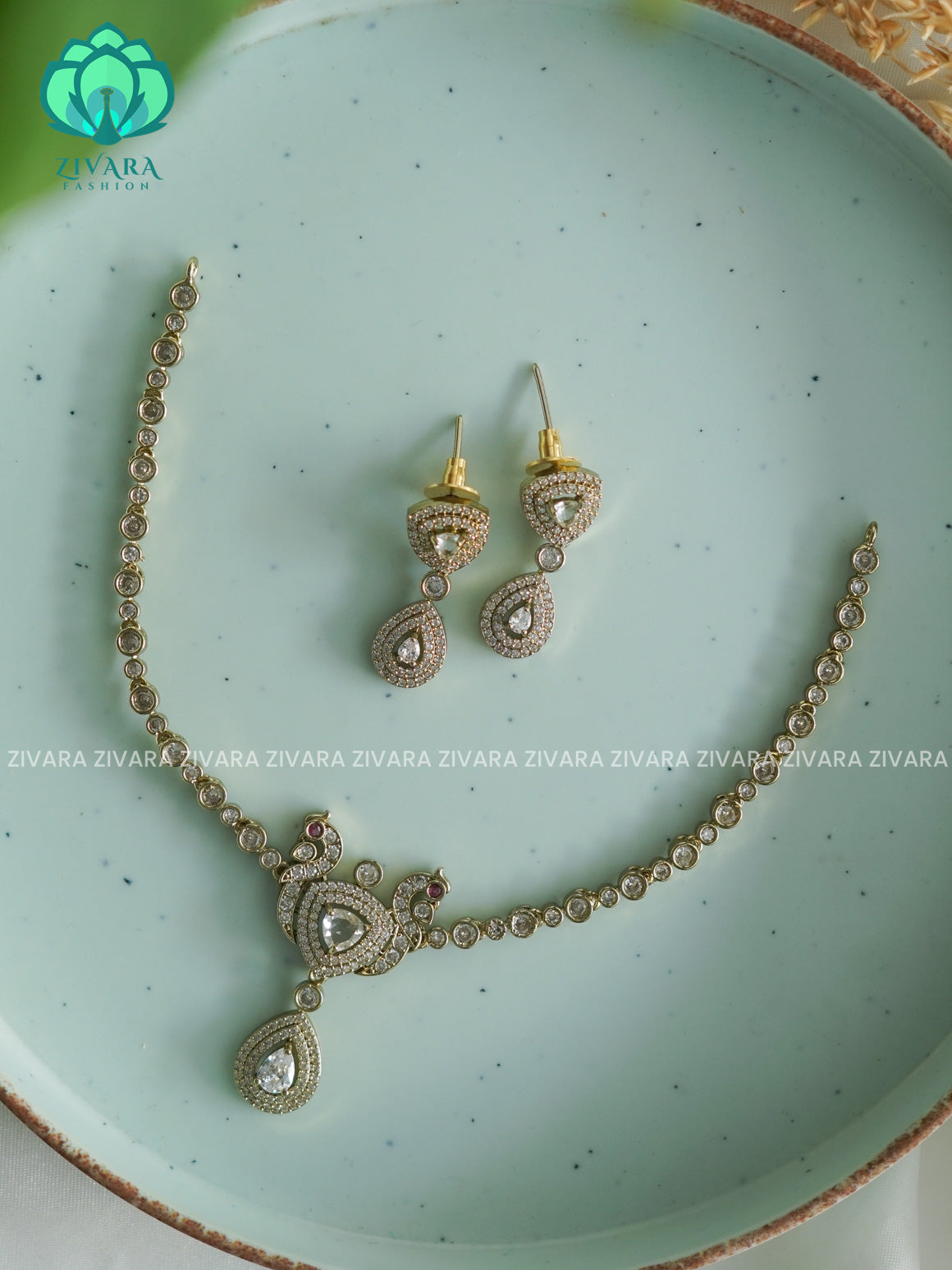 WHITE  PEACOCK KIDS FRIENDLY SIMPLE WHITE  STONE - stylish and minimal elegant neckwear with earrings- Zivara Fashion