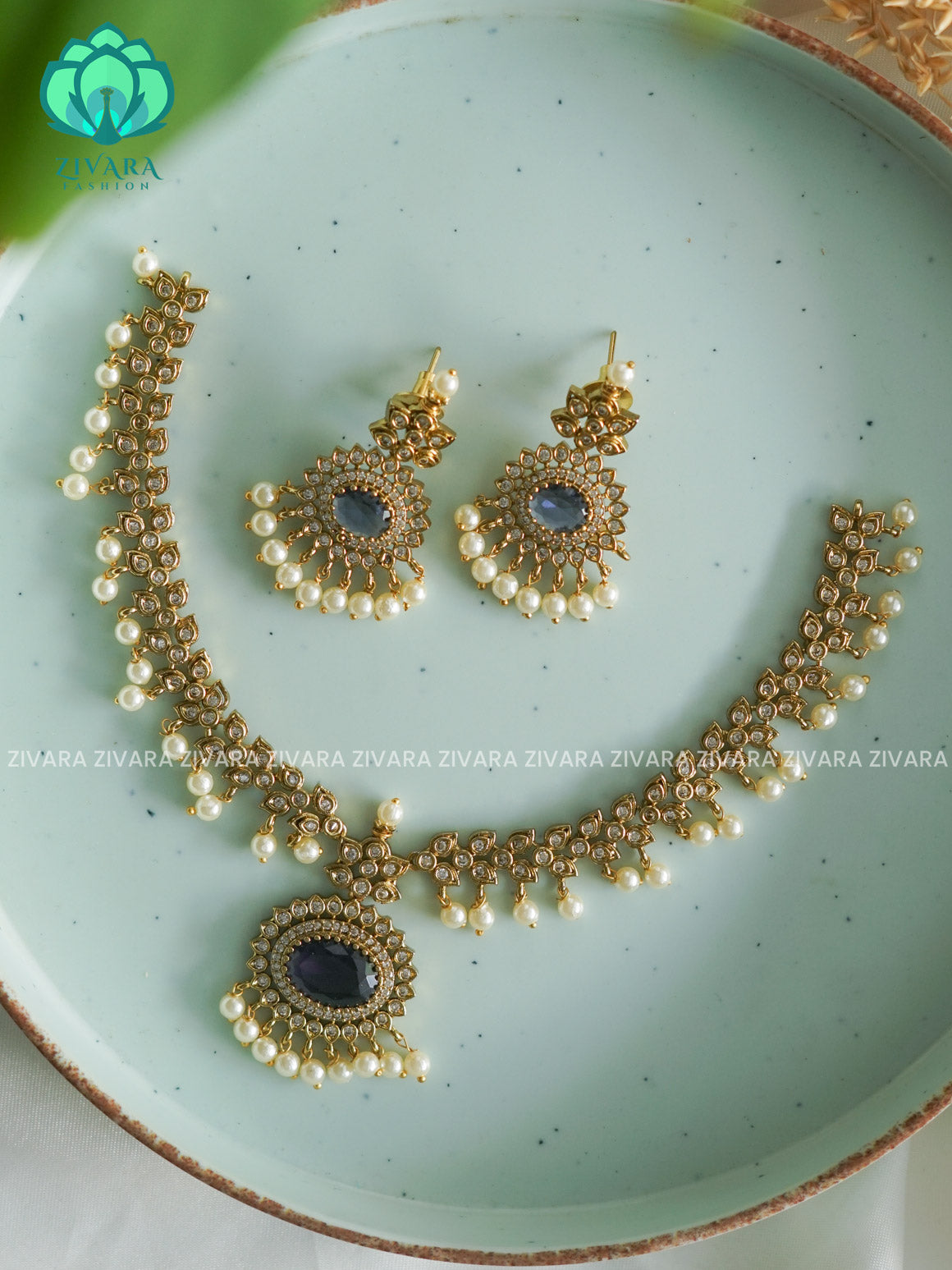 PURPLE - OVAL PENDANT SUBTLE FINISH  neckwear with earrings- Zivara Fashion