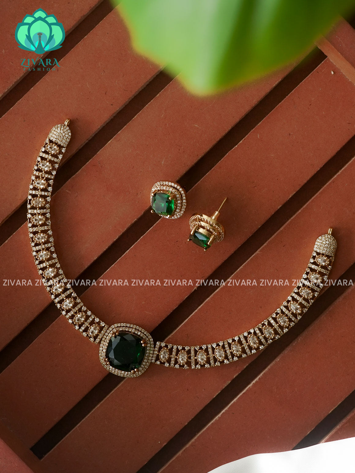 GREEN - SQUARE STONE ELEGANT HASLI - PREMIUM SUBTLE GOLD FINISH stylish and minimal elegant neckwear with earrings- Zivara Fashion