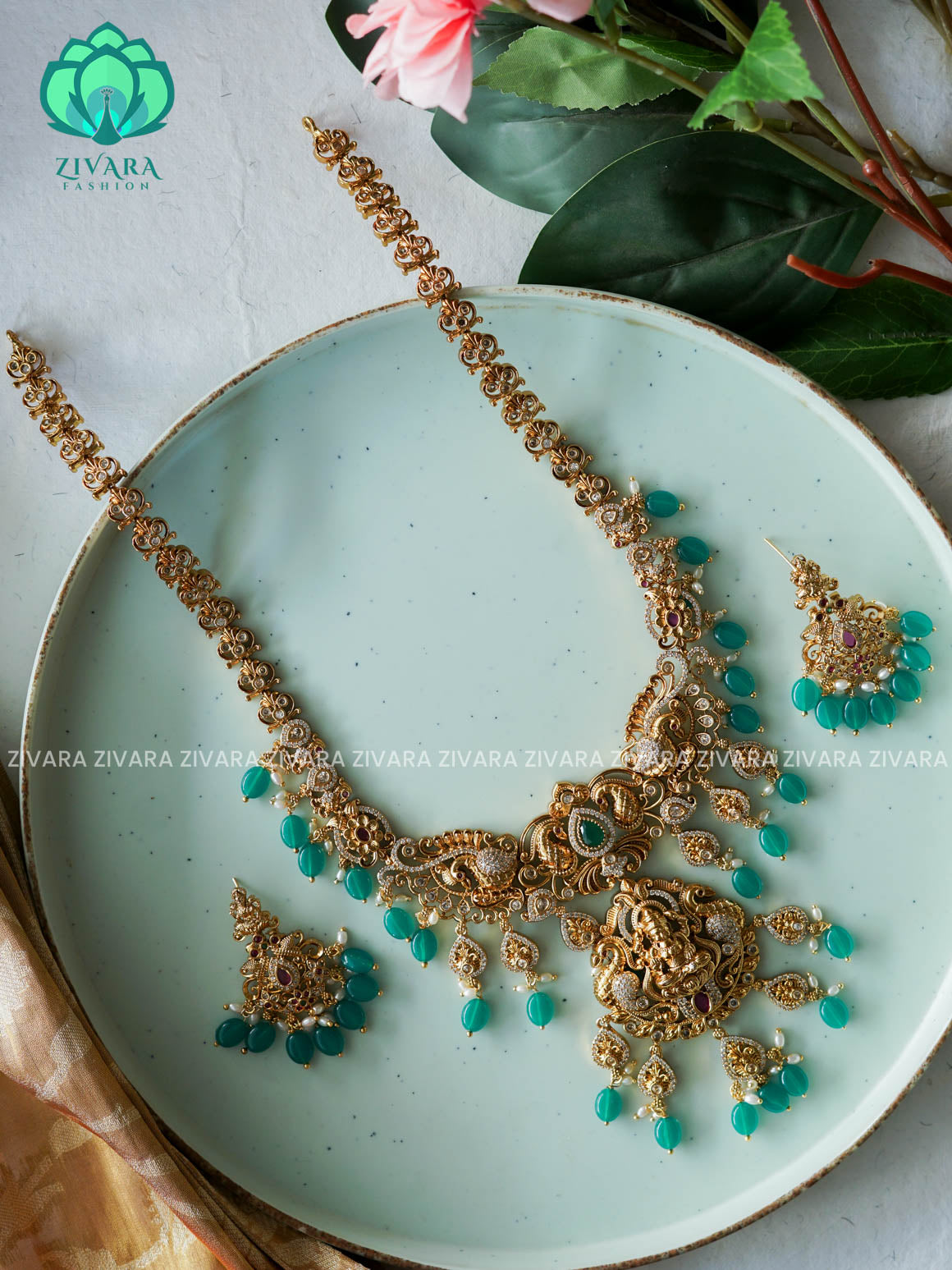 Green beads TEMPLE LONG CHAIN - Traditional PREMIUM MATTE polish MIDCHEST haaram/neckwear with earrings- Zivara Fashion