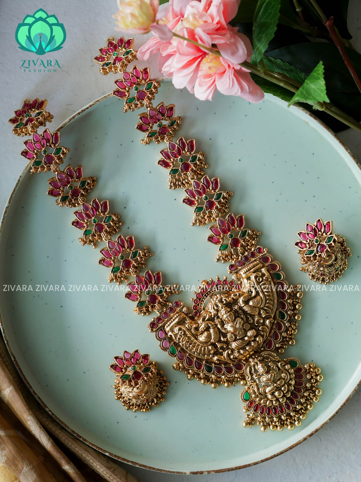 HEAVY LOTUS   Traditional normal MATTE polish MIDCHEST haaram/neckwear with earrings- Zivara Fashion