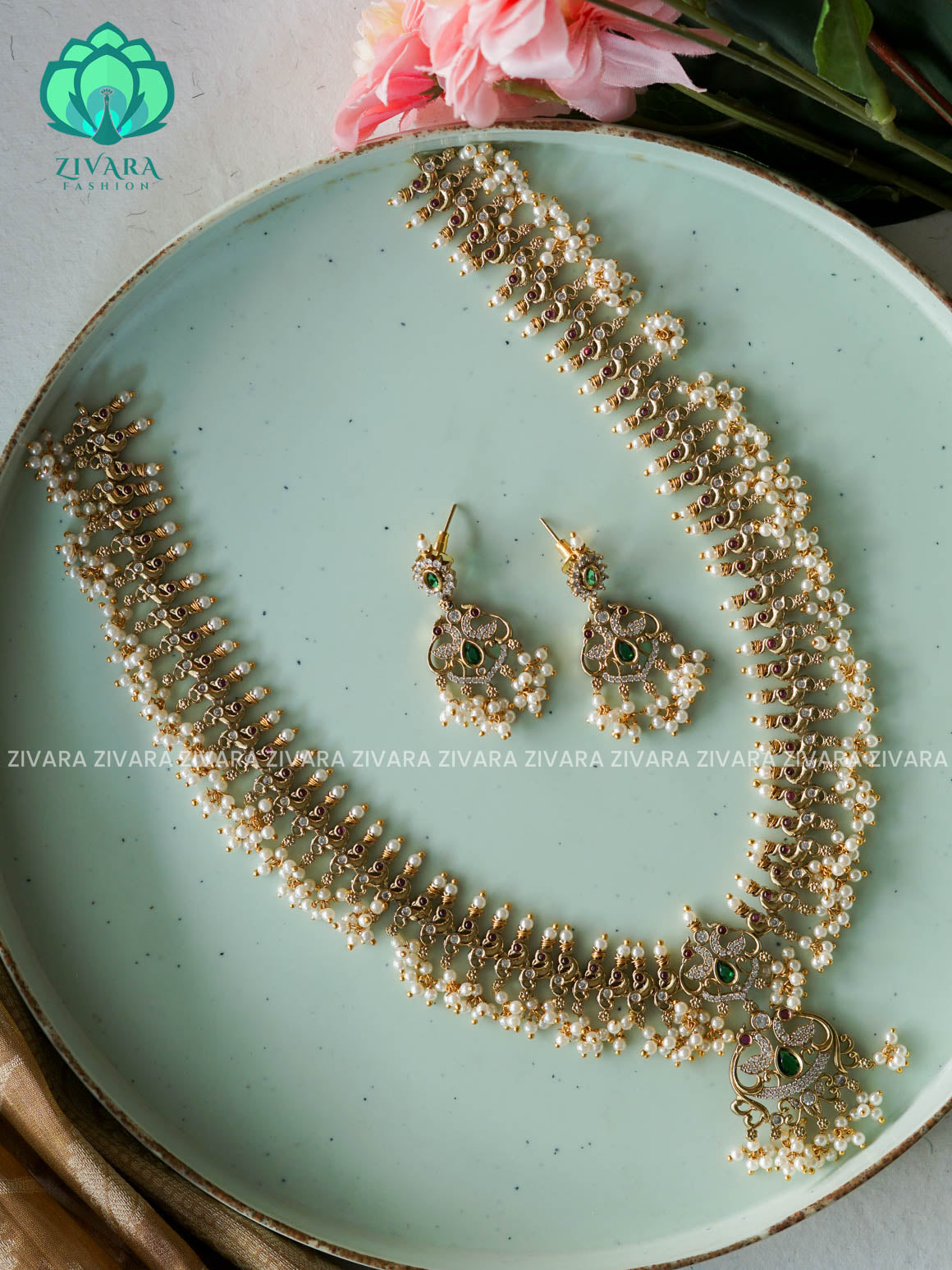 GUTTAPUSALU - Traditional PREMIUM MATTE polish MIDCHEST haaram/neckwear with earrings- Zivara Fashion