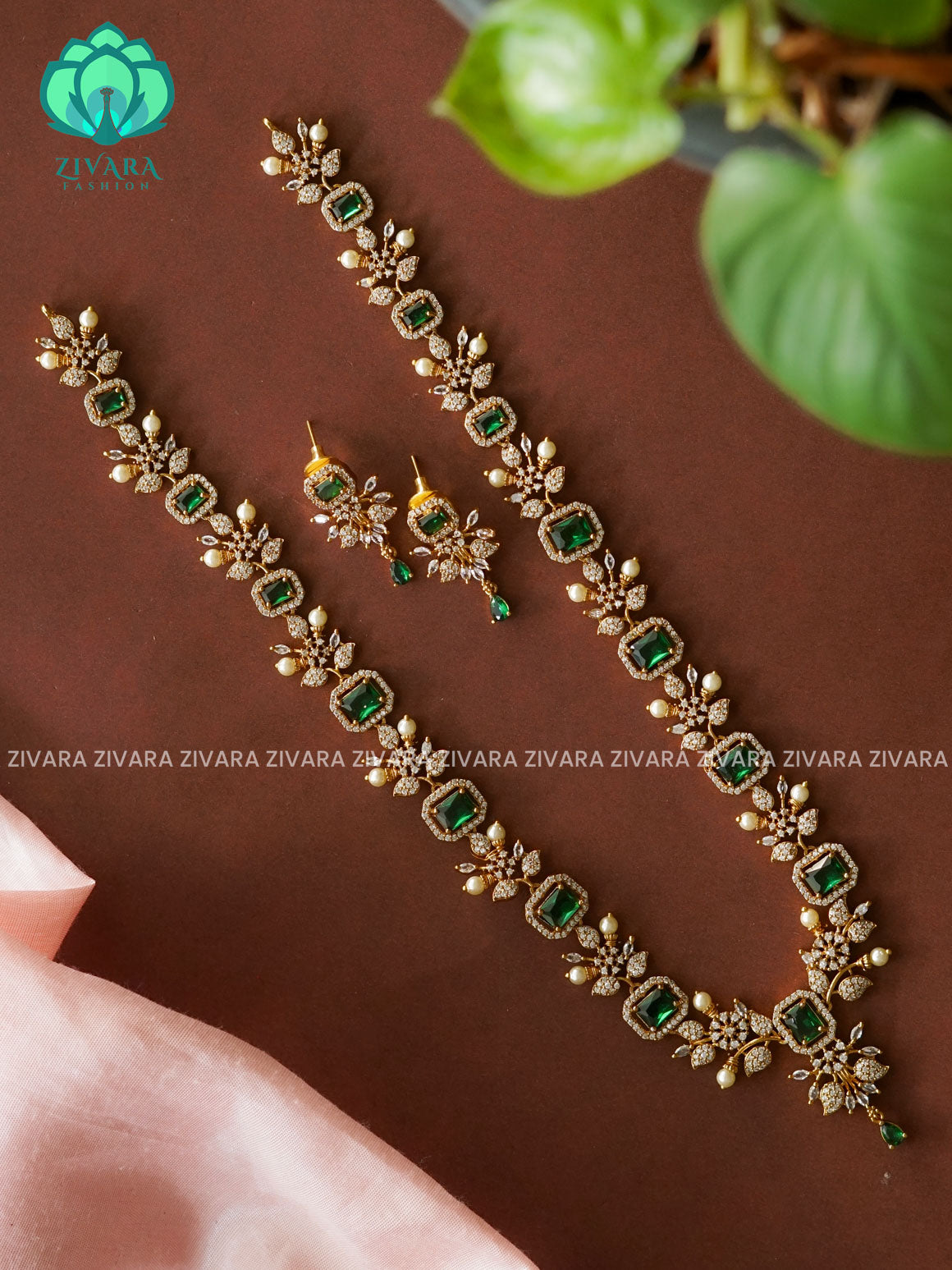 GREEN ELEGANT  - Traditional PREMIUM MATTE polish MIDCHEST haaram/neckwear with earrings- Zivara Fashion