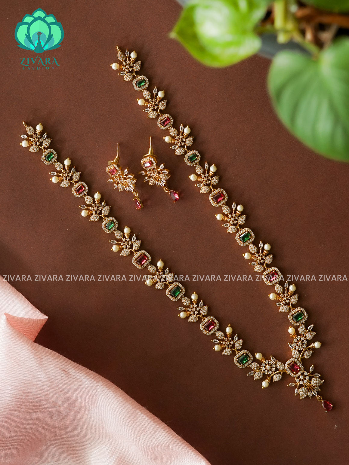 RUBY GREEN  ELEGANT  - Traditional PREMIUM MATTE polish MIDCHEST haaram/neckwear with earrings- Zivara Fashion