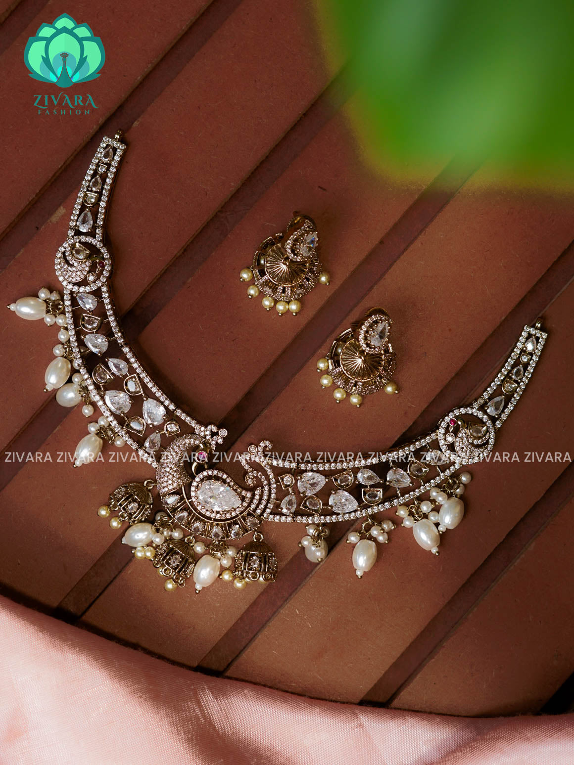 WHITE - BRIDAL PEACOCK SUBTLE FINISH  neckwear with earrings- Zivara Fashion