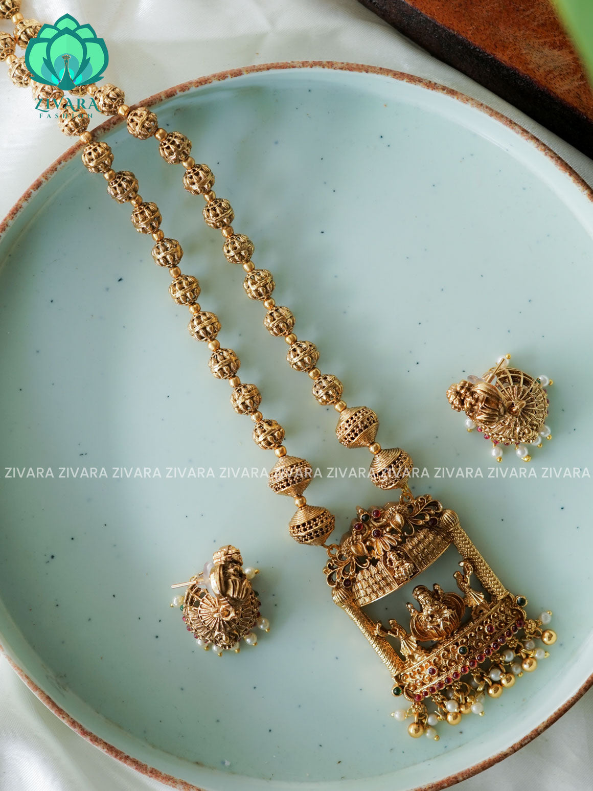 Temple - TRADITIONAL NORMAL MATTE MIDCHEST haaram/neckwear with earrings- Zivara Fashion