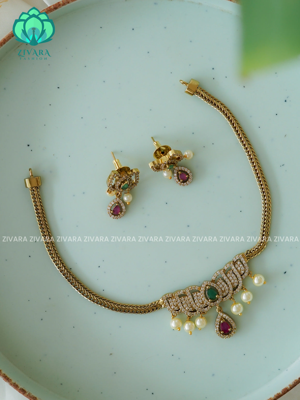 FLEXIBLE CHAIN LOTUS PENDANT SMALL SIZE   -Traditional south indian premium neckwear WITH earrings- Zivara Fashion- latest jewellery design