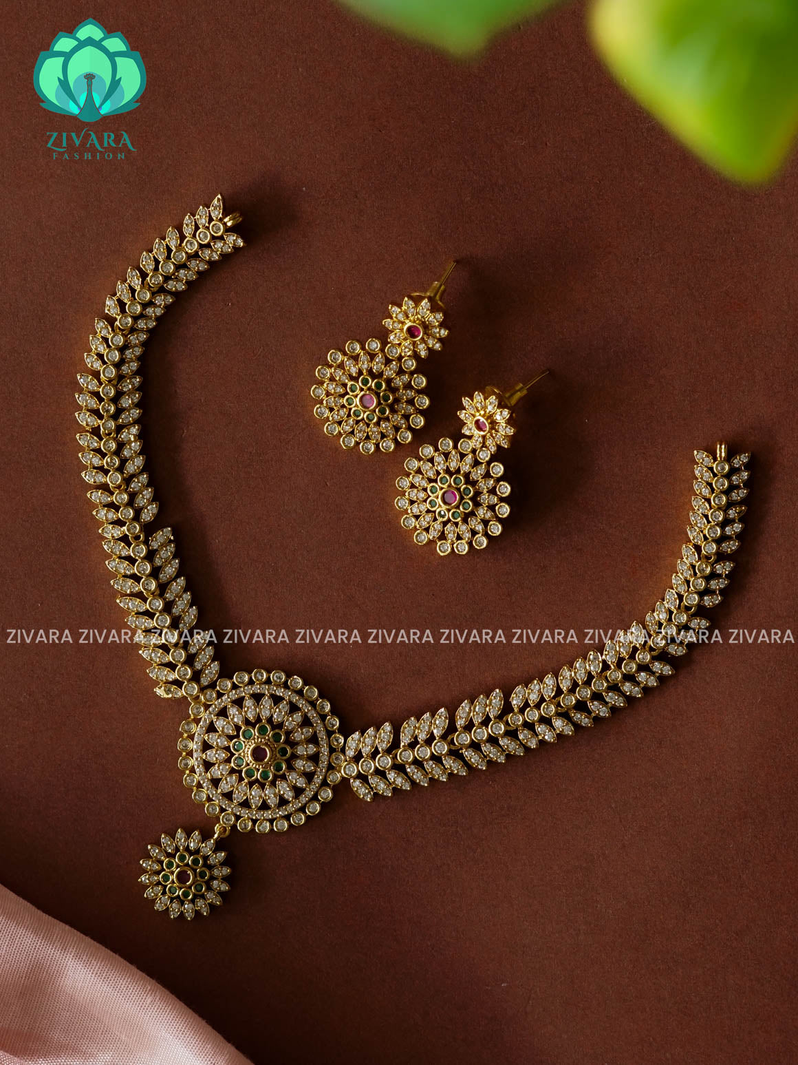 WHITE STONE CIRCLE PENDANT - premium matte NECKWEAR  with earrings-latest south indian jewellery