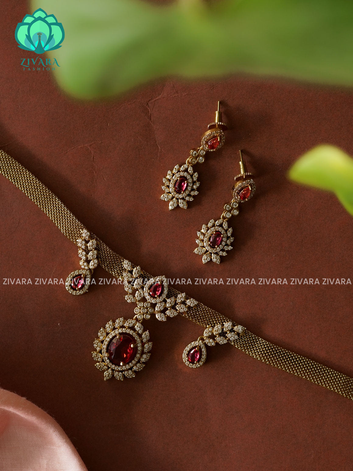 RUBY FLEXIBLE CHAIN WITH OVAL PENDANT MATTE  POLISH ATTIGAI WITH EARRING - Zivara Fashion- latest jewellery design