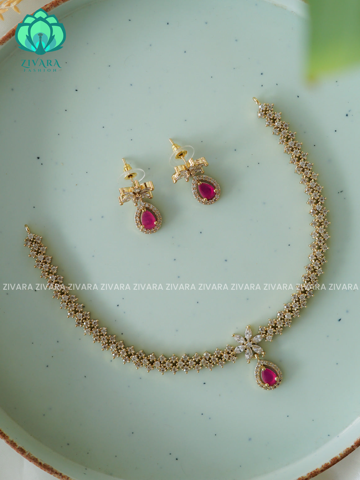 RUBY  HOTSELLING TEAR DROP  -PREMIUM SUBTLE GOLD FINISH  stylish and minimal elegant neckwear with earrings- Zivara Fashion