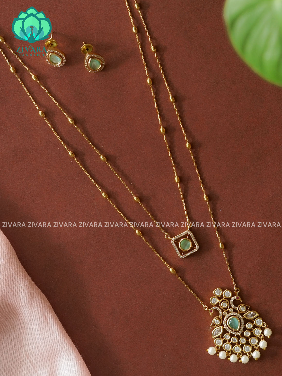 PASTEL GREEN - DOUBLE LAYER PEACOCK THIN PARROT CHAIN  -Traditional south indian premium neckwear with earrings- Zivara Fashion- latest jewellery design