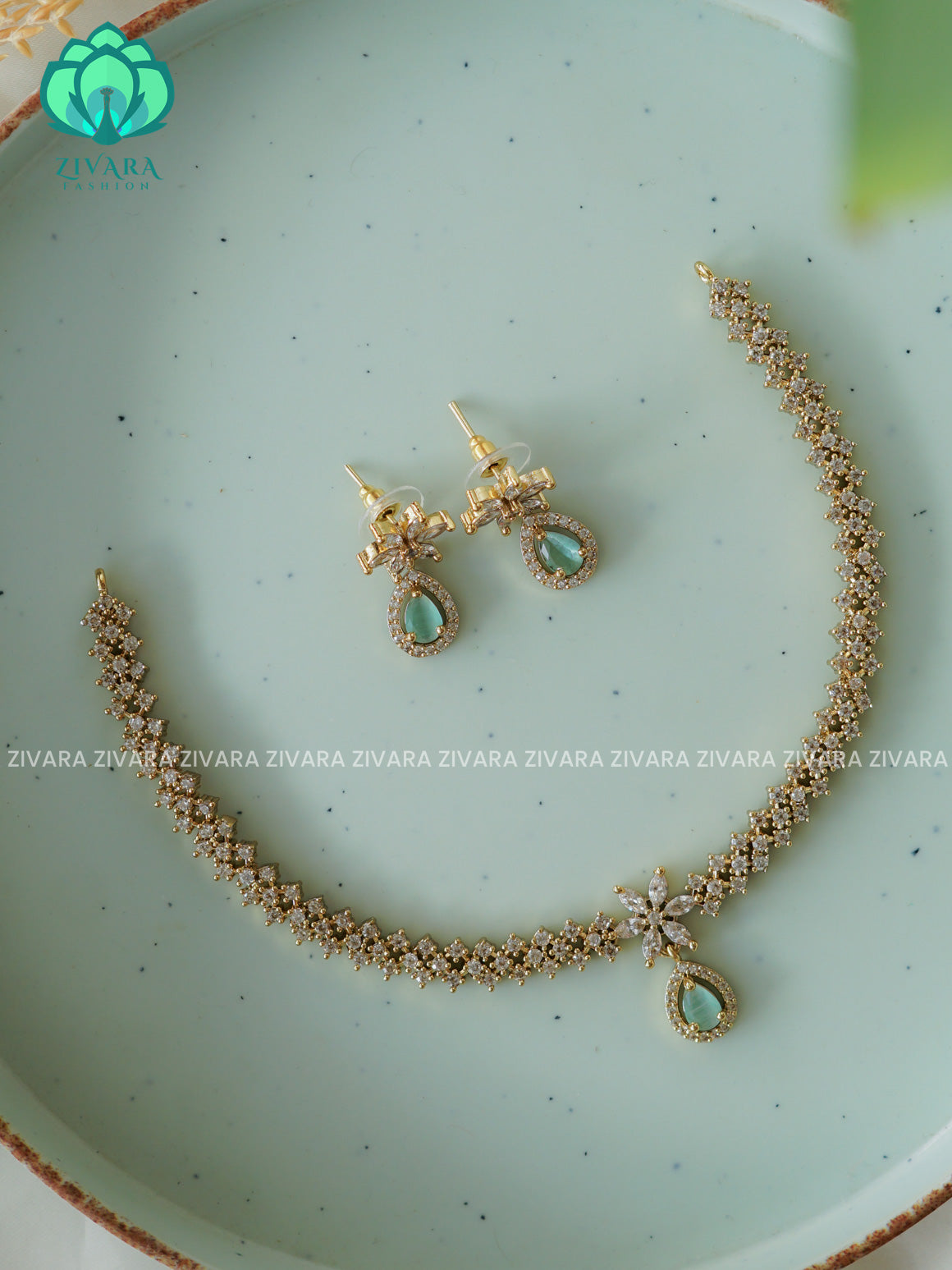 PASTEL GREEN   HOTSELLING TEAR DROP  -PREMIUM SUBTLE GOLD FINISH  stylish and minimal elegant neckwear with earrings- Zivara Fashion