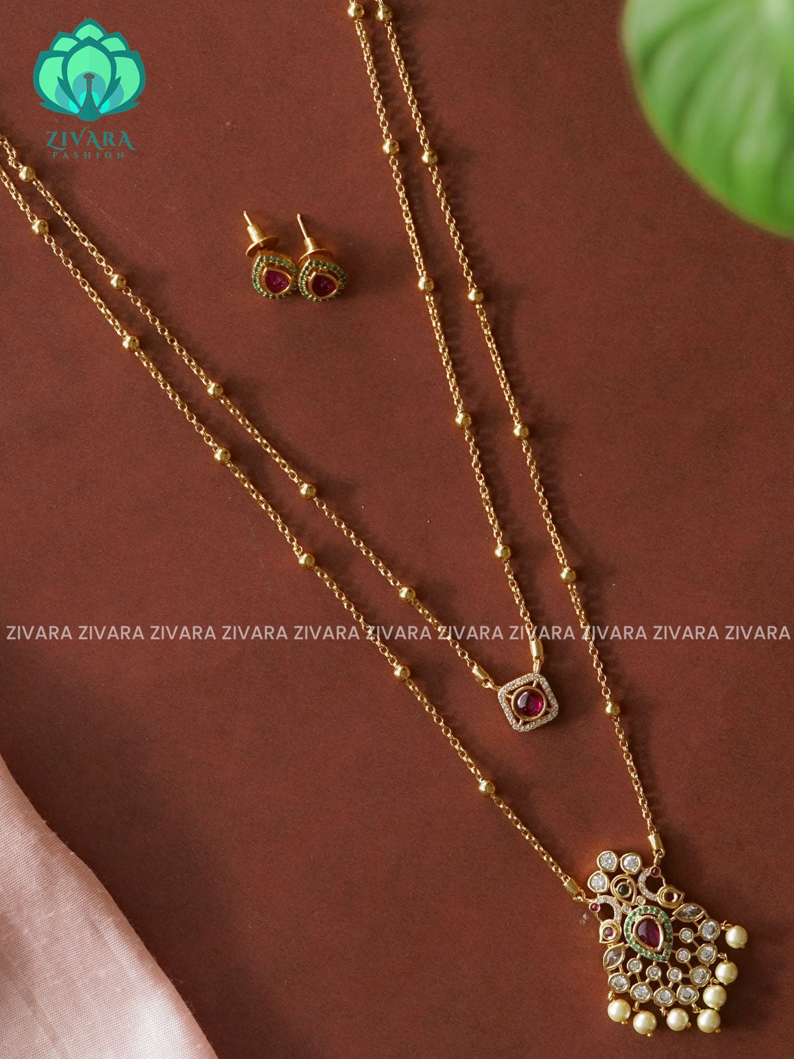 RUBY GREEN  DOUBLE LAYER PEACOCK THIN PARROT CHAIN  -Traditional south indian premium neckwear with earrings- Zivara Fashion- latest jewellery design