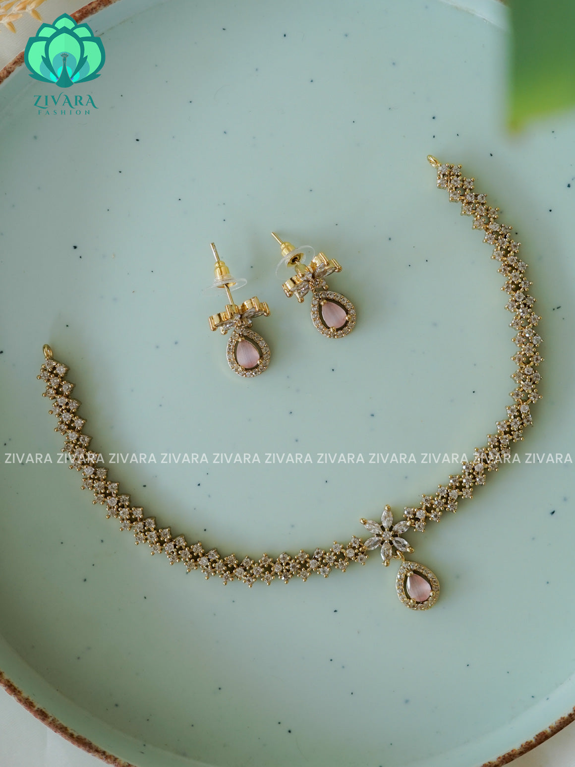 PASTEL PINK HOTSELLING TEAR DROP  -PREMIUM SUBTLE GOLD FINISH  stylish and minimal elegant neckwear with earrings- Zivara Fashion