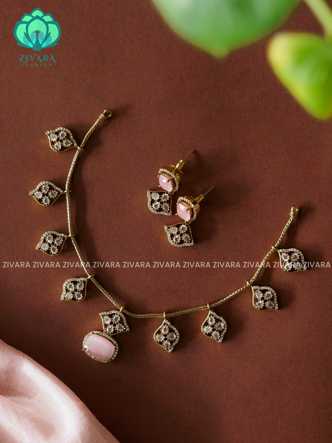 PASTEL PINK HANGING DIAMOND - SUBTLE stylish and minimal elegant neckwear with earrings- Zivara Fashion