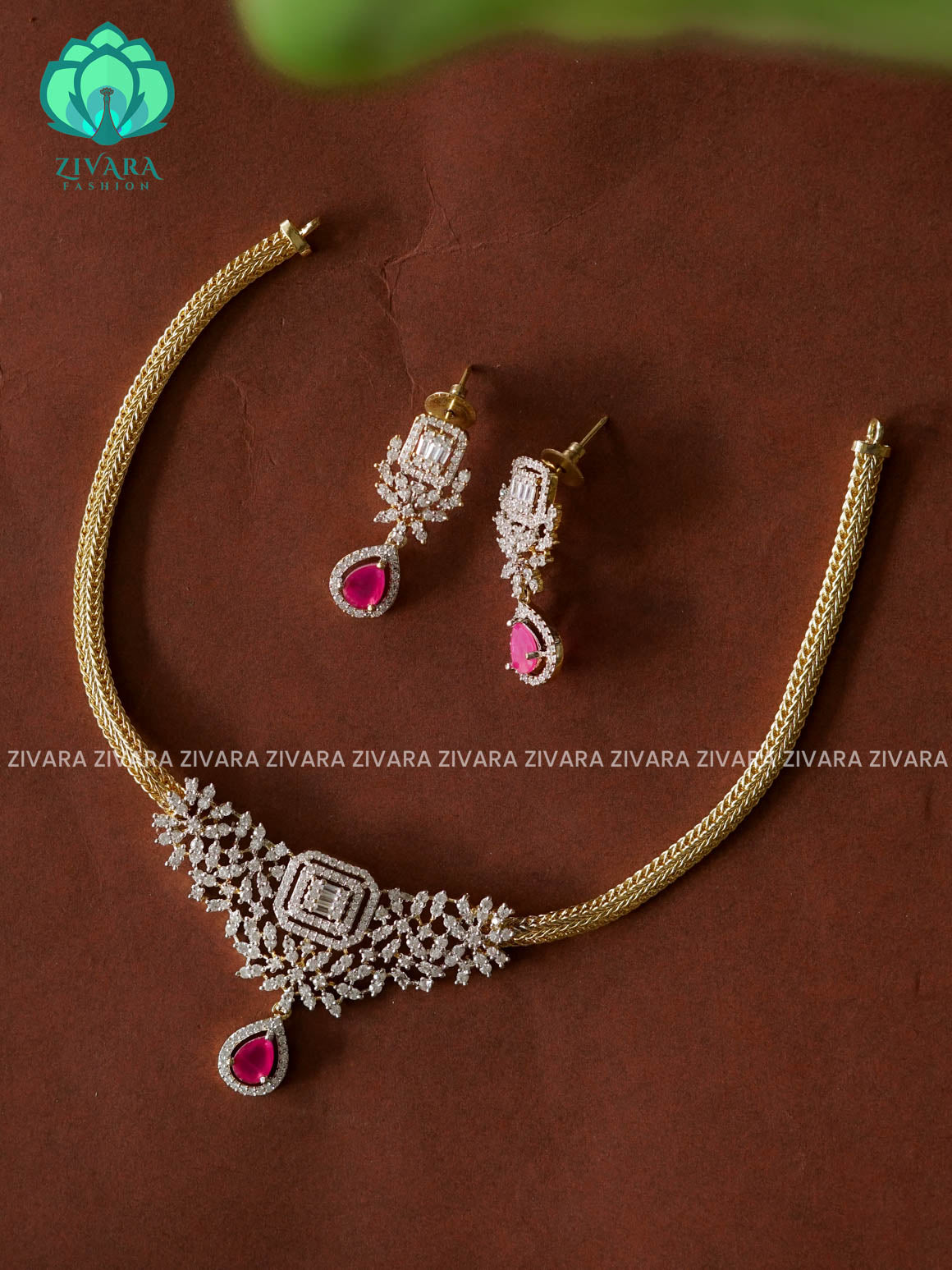 RUBY - AD FLEXIBLE CHAIN  MICROGOLD POLISH ATTIGAI WITH EARRING - Zivara Fashion- latest jewellery design