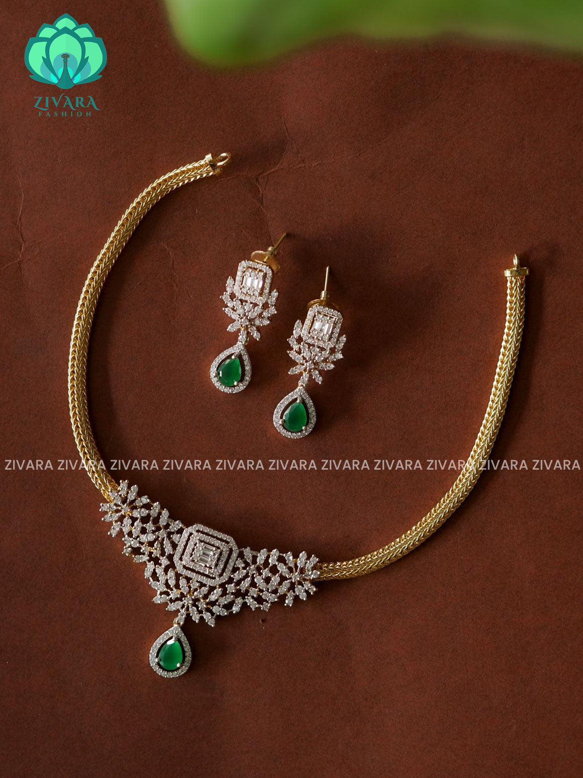 GREEN  - AD FLEXIBLE CHAIN  MICROGOLD POLISH ATTIGAI WITH EARRING - Zivara Fashion- latest jewellery design