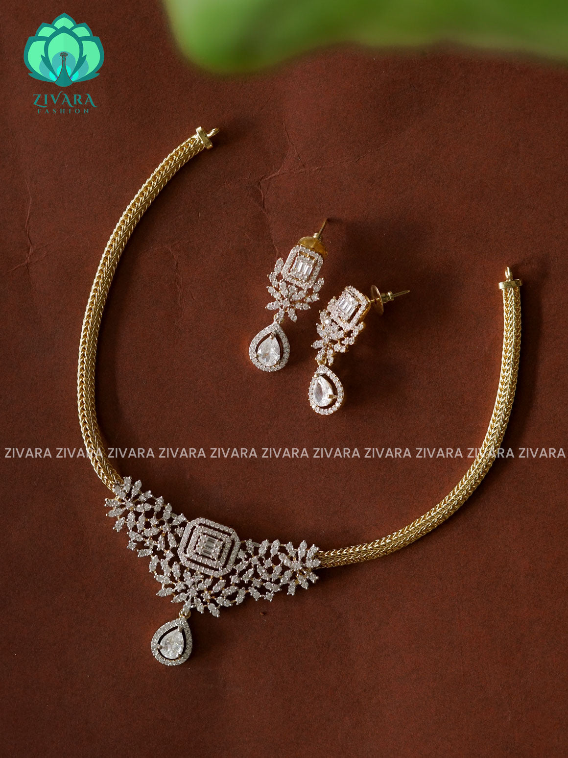 WHITE  - AD FLEXIBLE CHAIN  MICROGOLD POLISH ATTIGAI WITH EARRING - Zivara Fashion- latest jewellery design