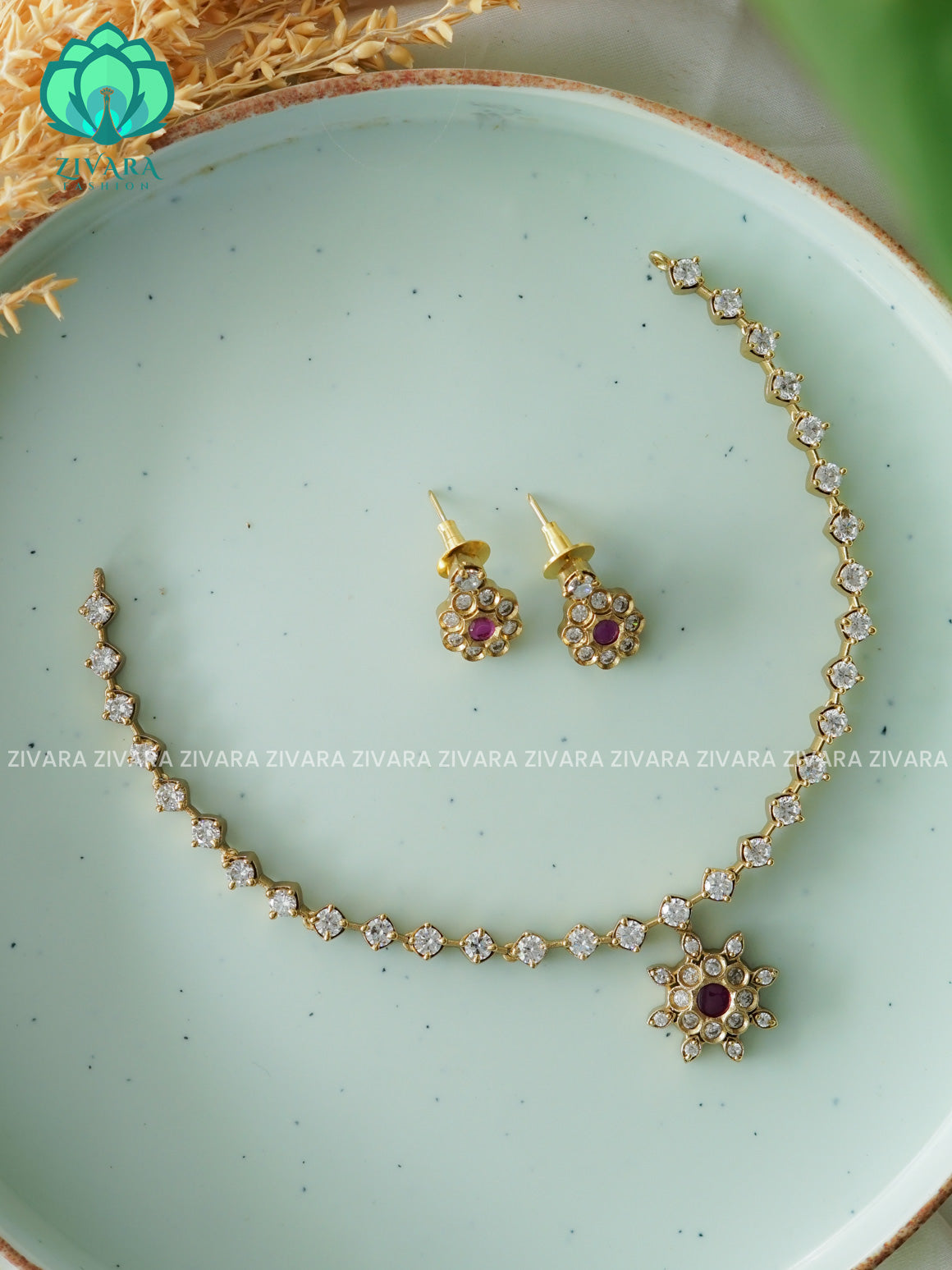 RUBY WHITE SUBTLE MATTE FINISH-Traditional south indian premium neckwear with earrings- Zivara Fashion- latest jewellery design