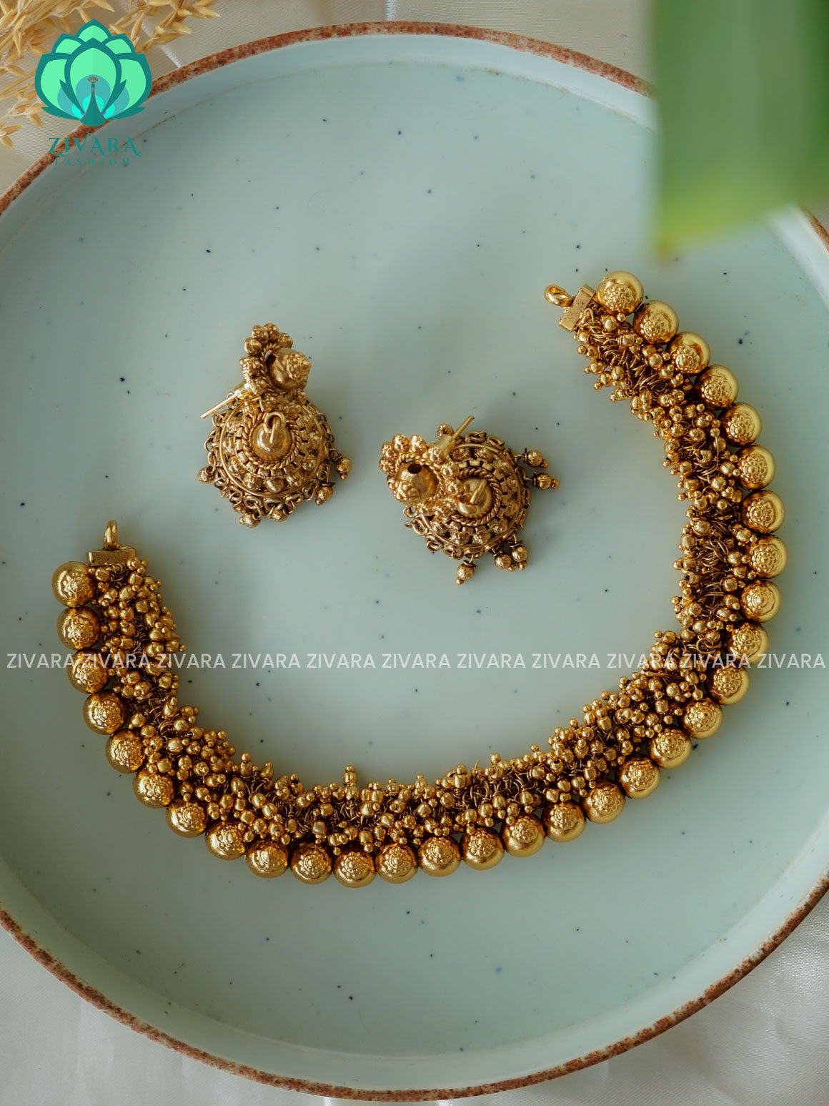 GOLD PEARL CLUSTER Traditional south indian premium neckwear with earrings- Zivara Fashion- latest jewellery design