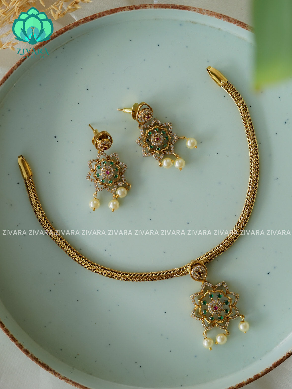 RUBY green Flexible chain and STAR  pendant   -Traditional south indian premium neckwear WITH earrings- Zivara Fashion- latest jewellery design