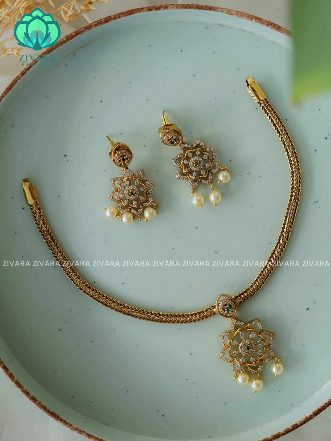 Green  Flexible chain and STAR  pendant   -Traditional south indian premium neckwear WITH earrings- Zivara Fashion- latest jewellery design