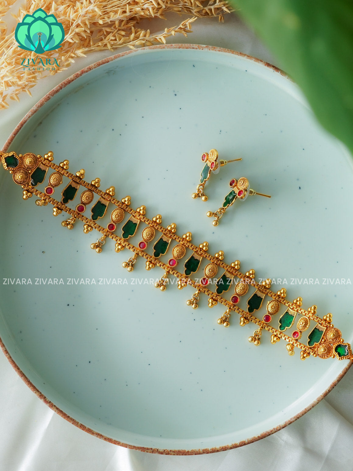 Green Palakkad NORMAL MATTE choker with earrings-latest south indian jewellery