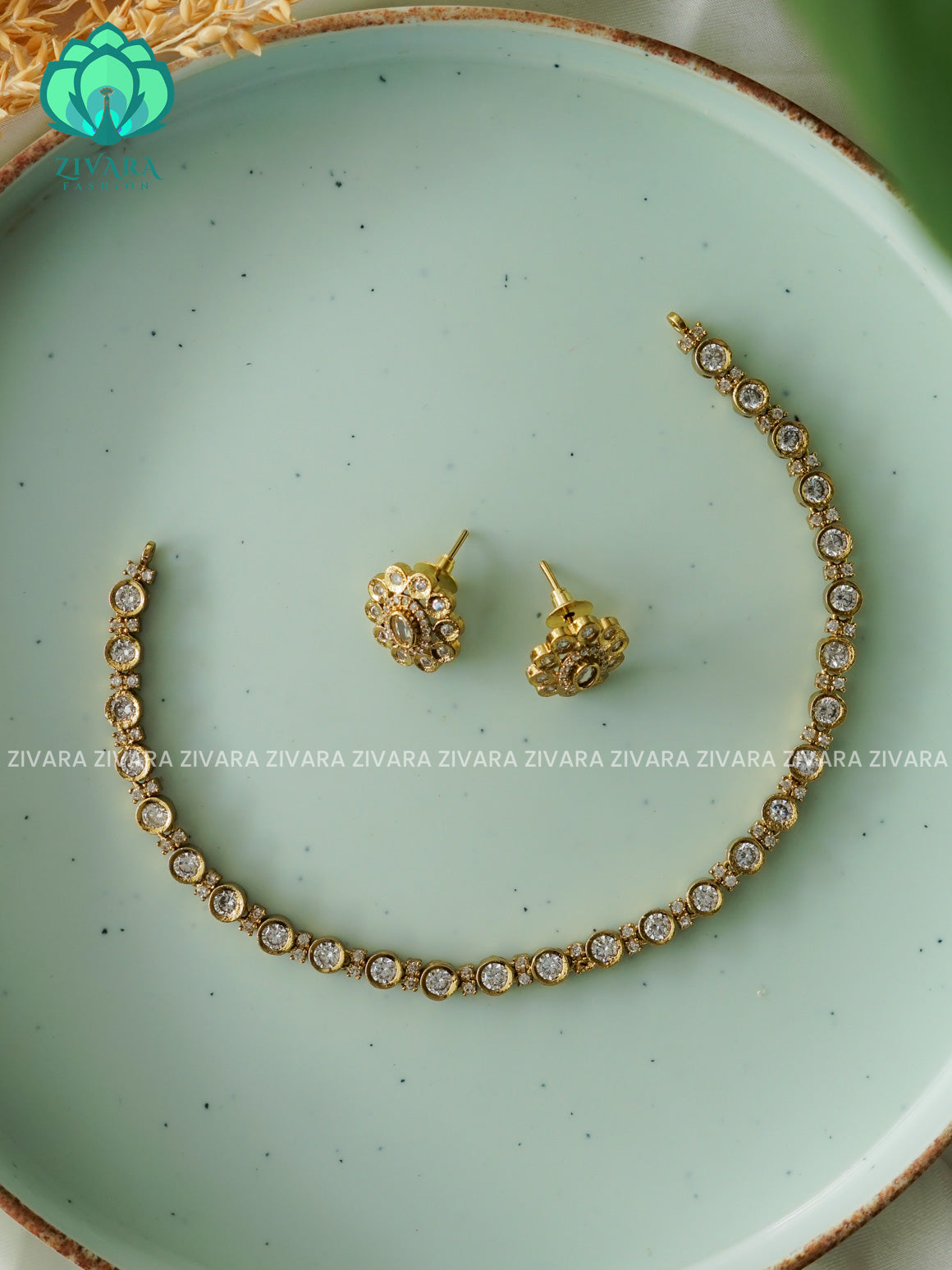 WHITE STONE SIMPLE Traditional south indian premium neckwear with earrings- Zivara Fashion- latest jewellery design