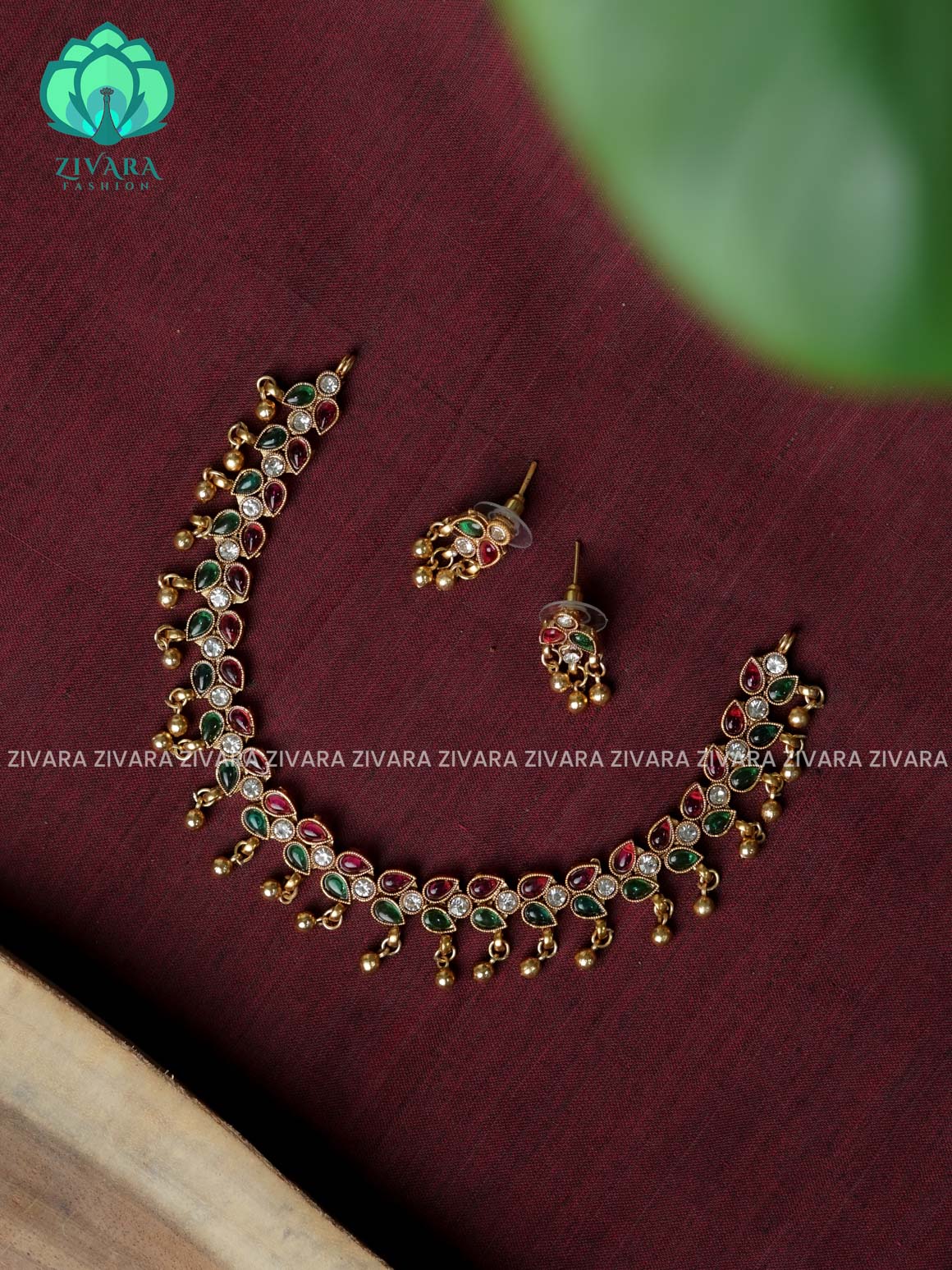 RUBY AND GREEN LEAF  -NORMAL MATTE neckwear with earrings- Zivara Fashion- latest jewellery design