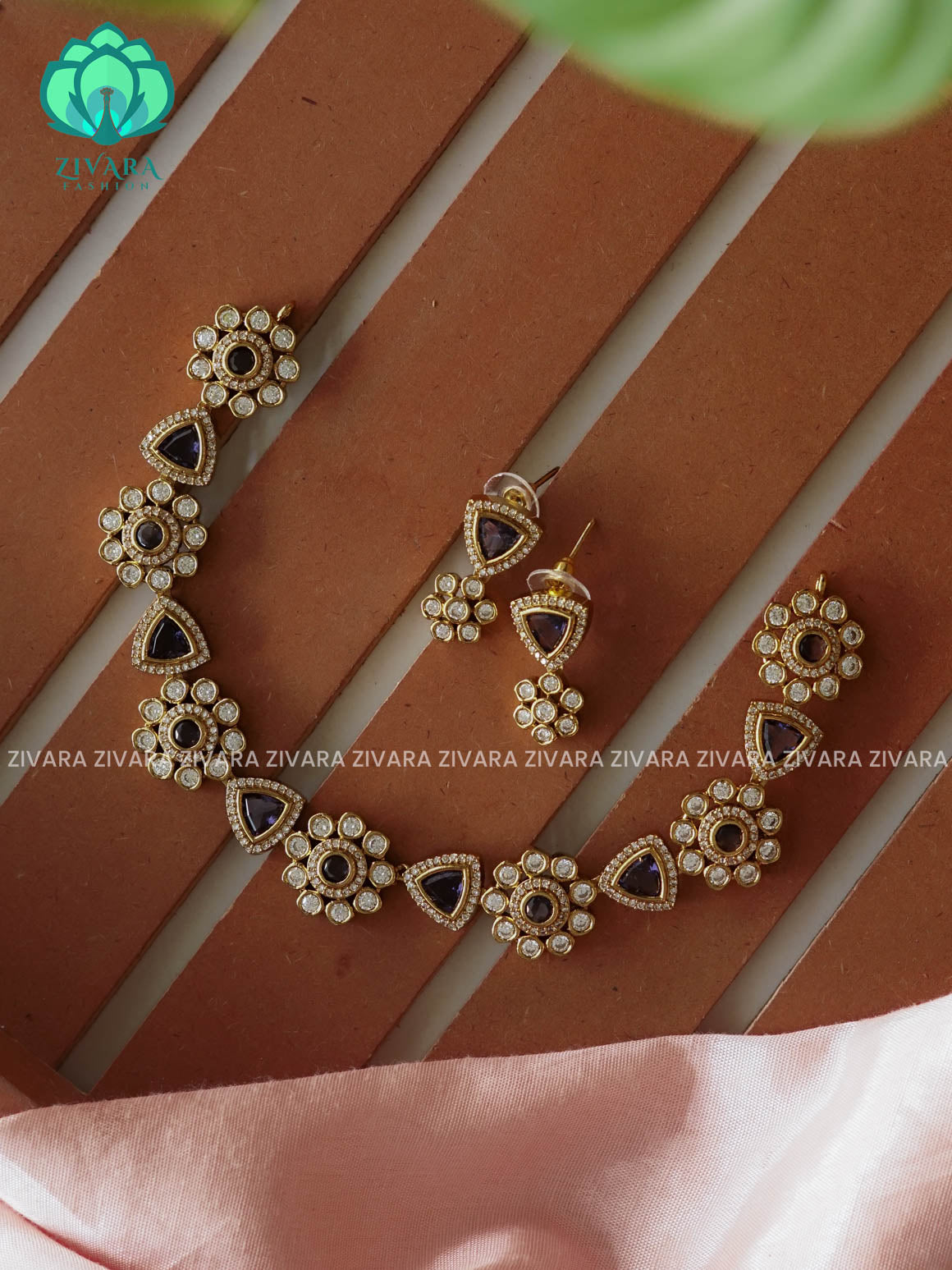 PURPLE STONE CIRCLE FLOWER - stylish and minimal elegant neckwear with earrings- Zivara Fashion