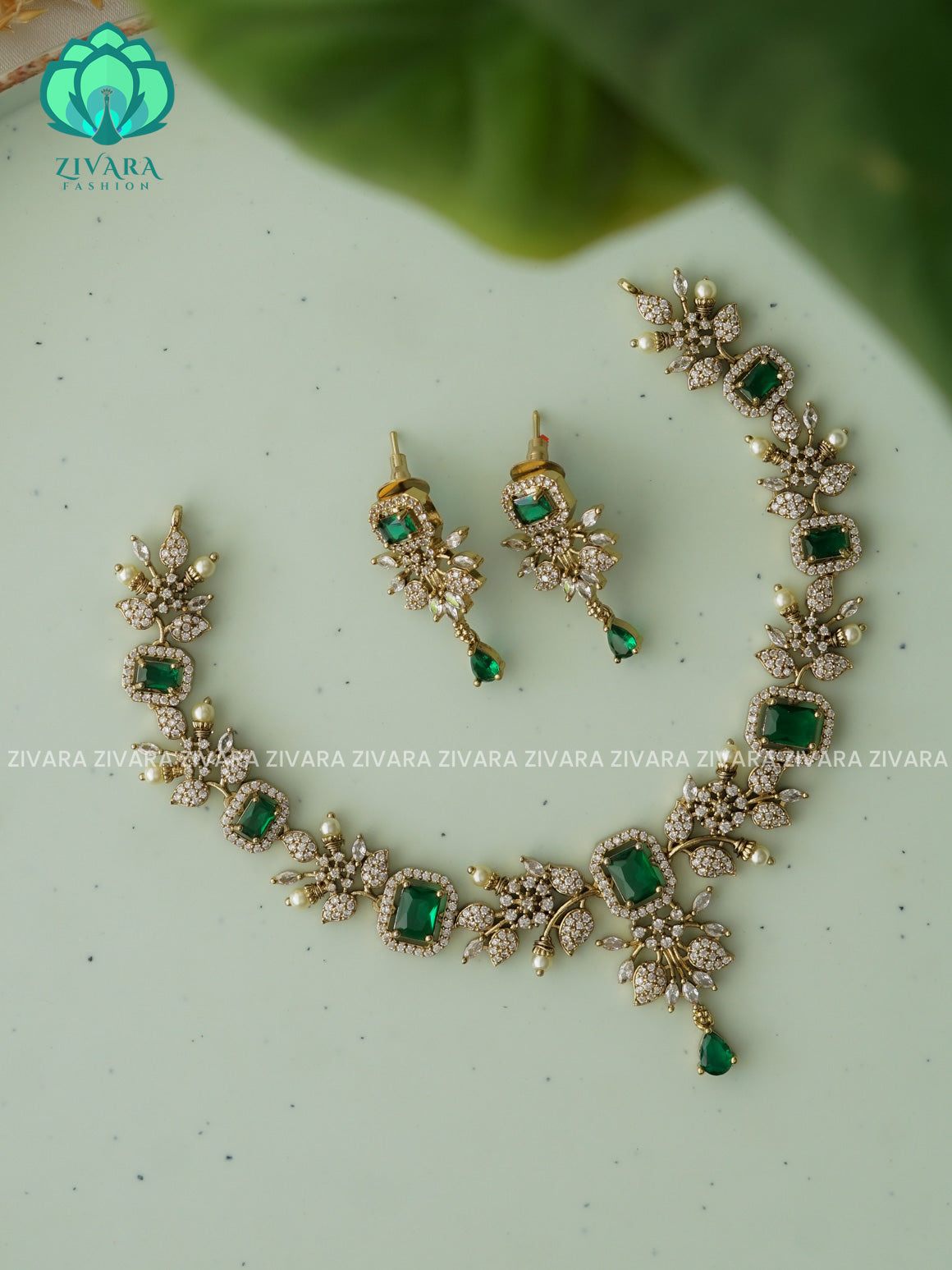 GREEN - FLORAL- GOLD FINISH MINIMAL ELEGANT NNECKWEAR - Zivara Fashion- latest jewellery design
