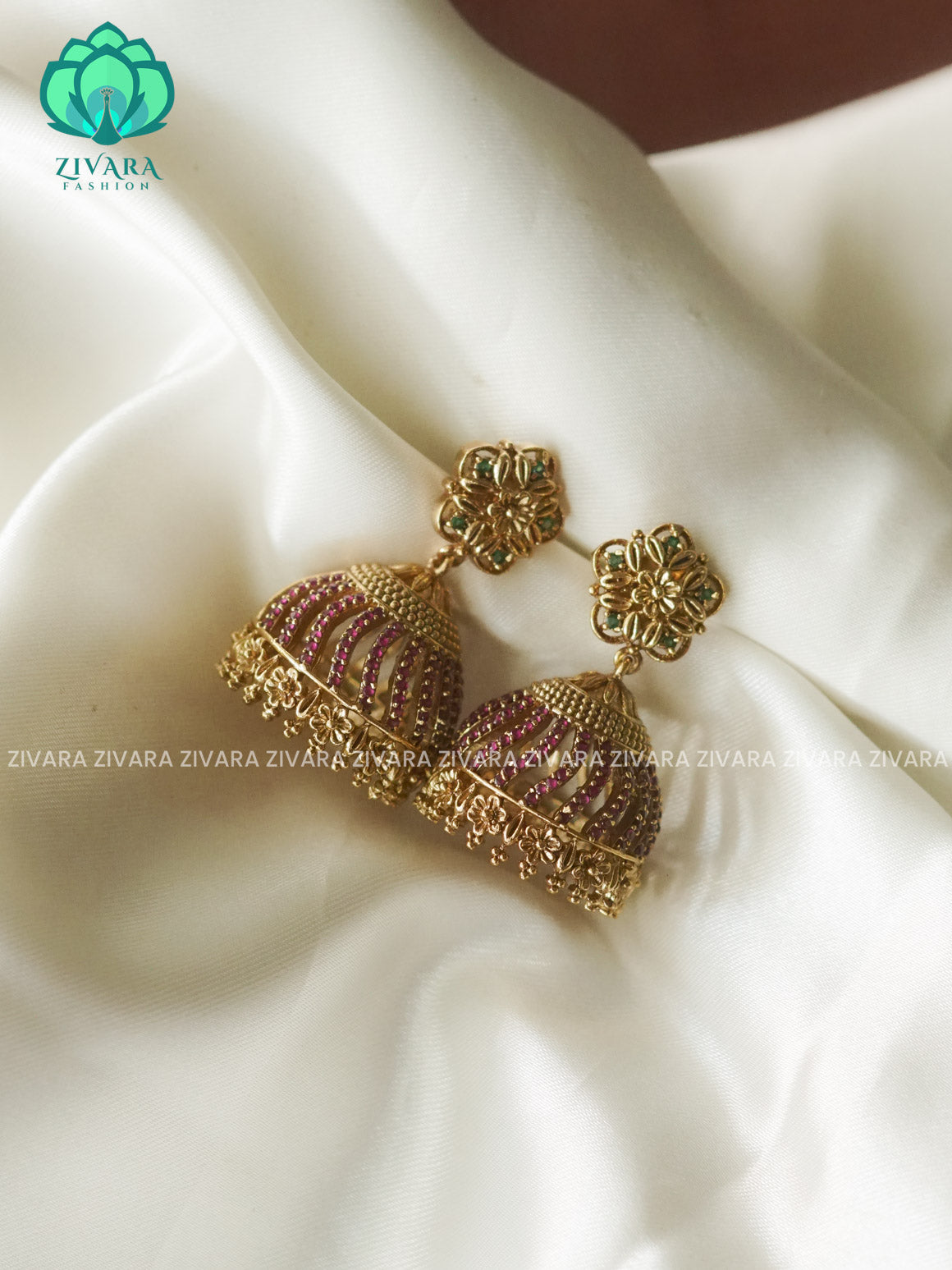 Ruby and green stone  Medium sized - TRADITIONAL PREMIUM MATTE  polish JHUMKA- latest jewellery collection- zivara fashion