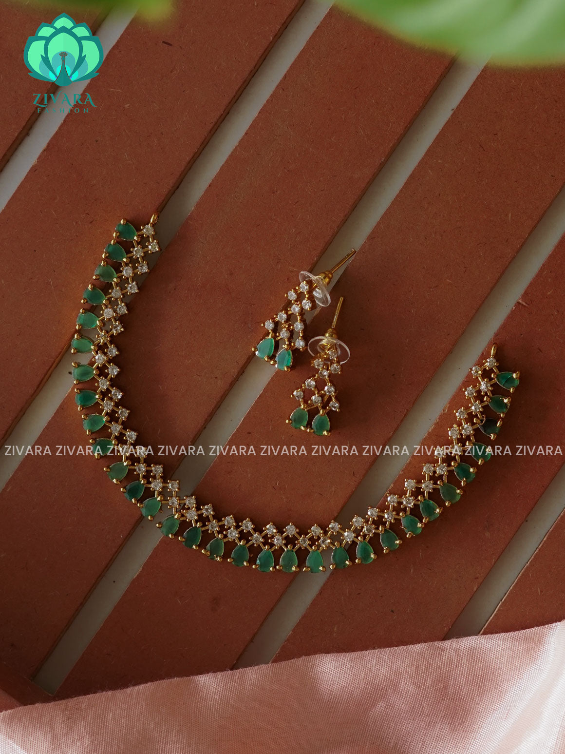 GREEN - SIMPLE -PREMIUM SUBTLE GOLD FINISH  stylish and minimal elegant neckwear with earrings- Zivara FashioN