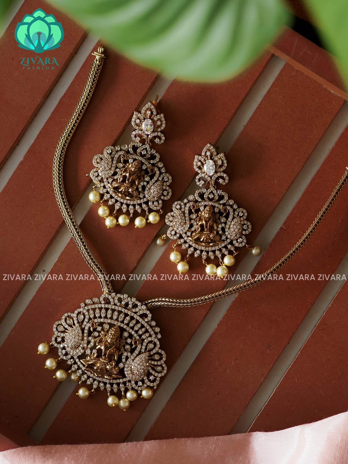 TEMPLE WHITE - BIG FLOWER PENDANT-Traditional south indian premium neckwear with earrings- Zivara Fashion- latest jewellery design