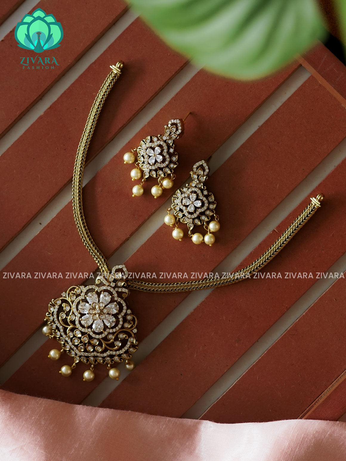 WHITE - BIG FLOWER PENDANT-Traditional south indian premium neckwear with earrings- Zivara Fashion- latest jewellery design