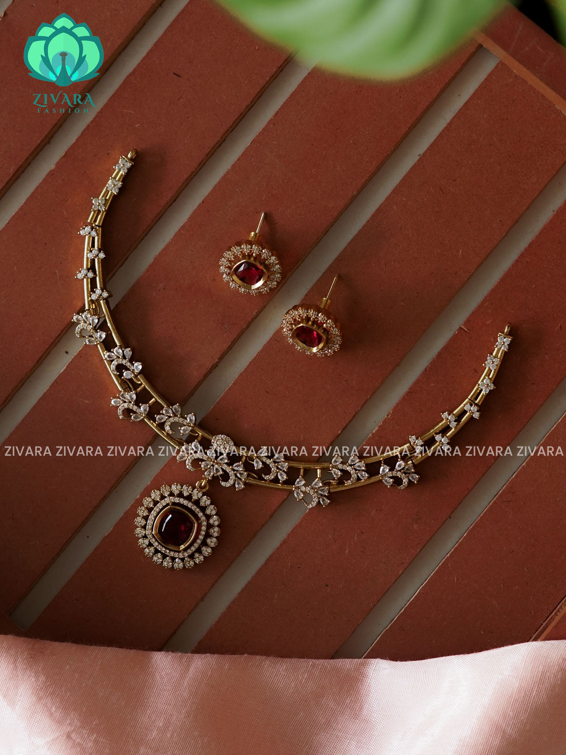 RUBY - CIRCLE STONE ELEGANT HASLI  -PREMIUM SUBTLE GOLD FINISH  stylish and minimal elegant neckwear with earrings- Zivara FashioN