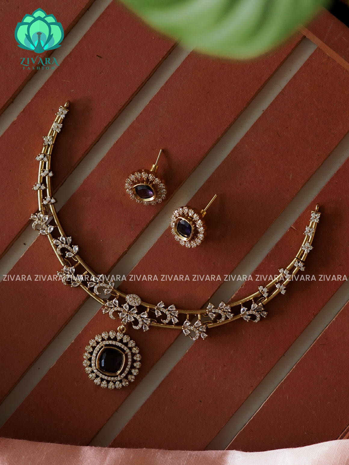 VIOLET - CIRCLE STONE ELEGANT HASLI  -PREMIUM SUBTLE GOLD FINISH  stylish and minimal elegant neckwear with earrings- Zivara FashioN