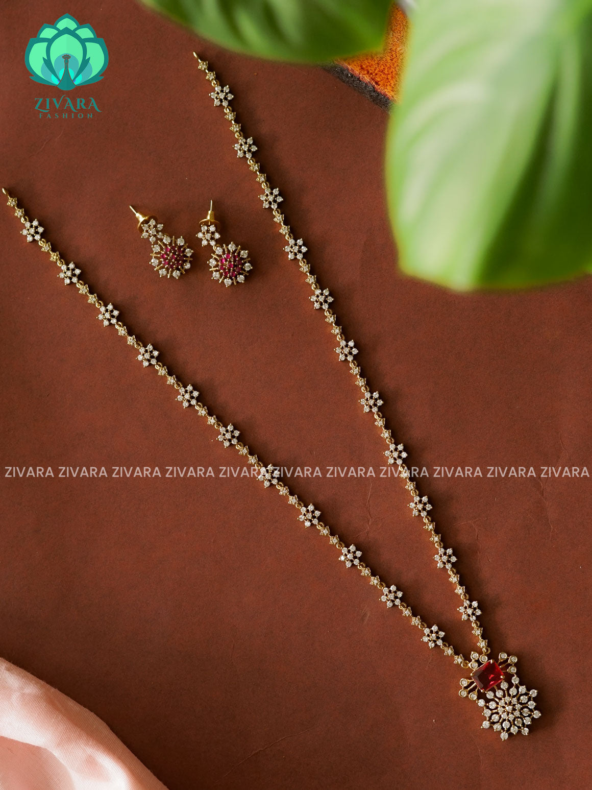 RUBY STAR ELEGANT  - Traditional PREMIUM MATTE polish MIDCHEST haaram/neckwear with earrings- Zivara Fashion